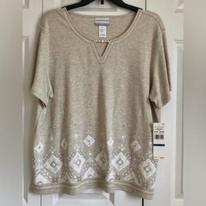 Alfred Dunner Women's Top PXL Beige Embroidered Diamont Border Beaded Pullover